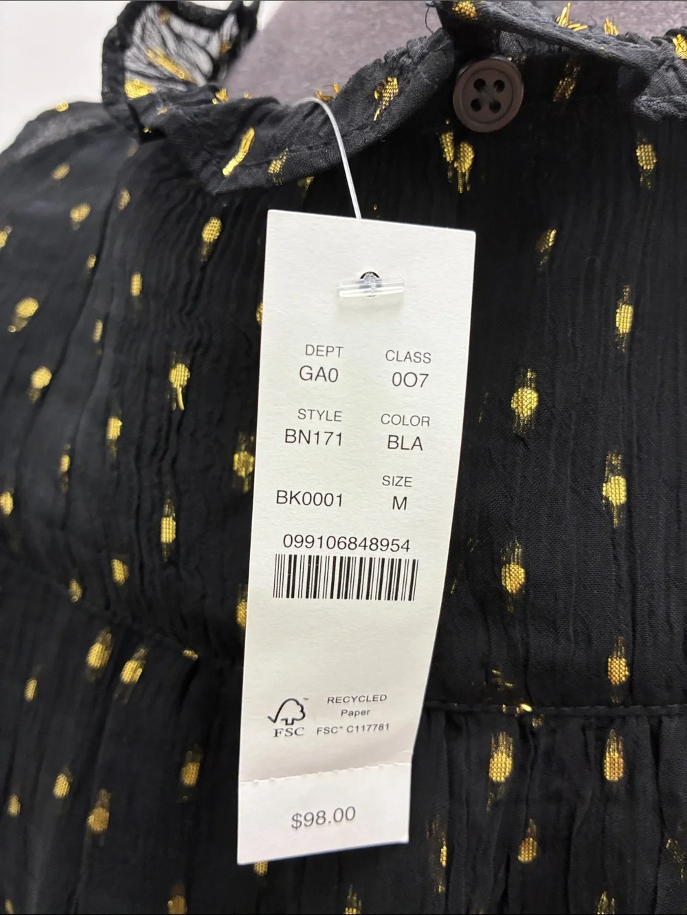 J. Crew Black Blouse with Gold Metallic Dot Print